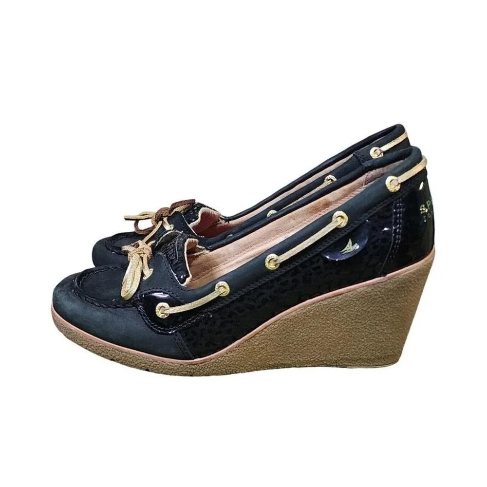 Sperry Top Sider Womens Animal print Loafer Wedge 8.5 Leather Suede Boat Black